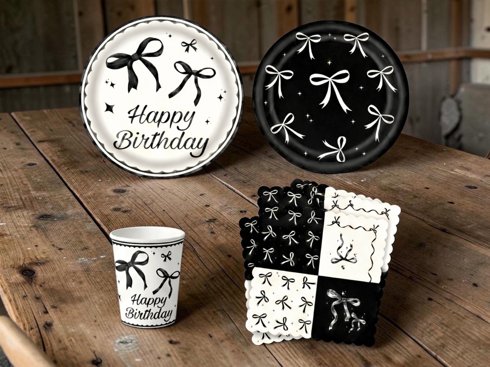 Black and white bow-print Happy Birthday plates, cups and napkins on a rustic wooden table in a barn