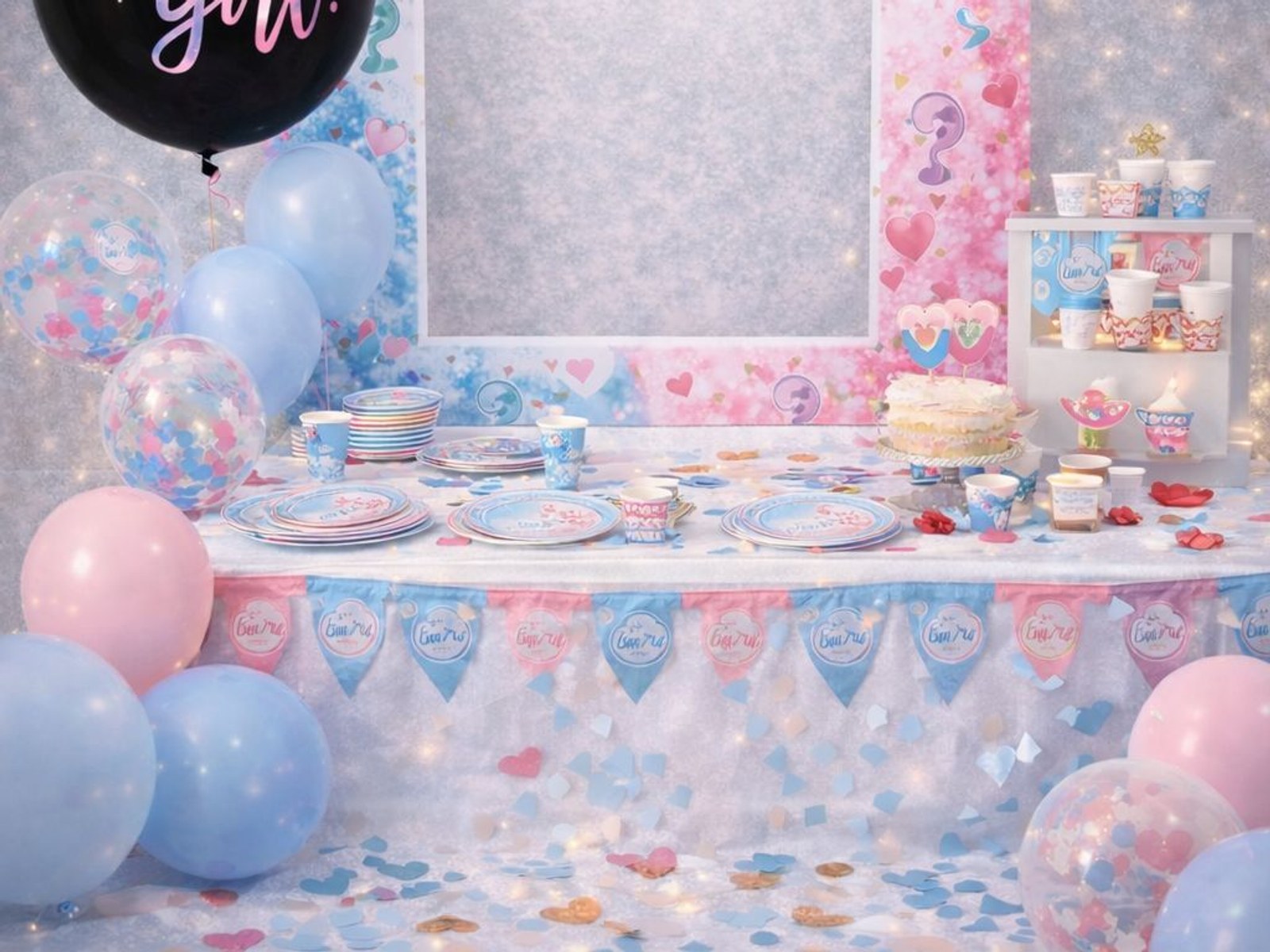 A gender reveal party table with pink and blue plates, bunting and scattered confetti under a Boy or Girl frame backdrop