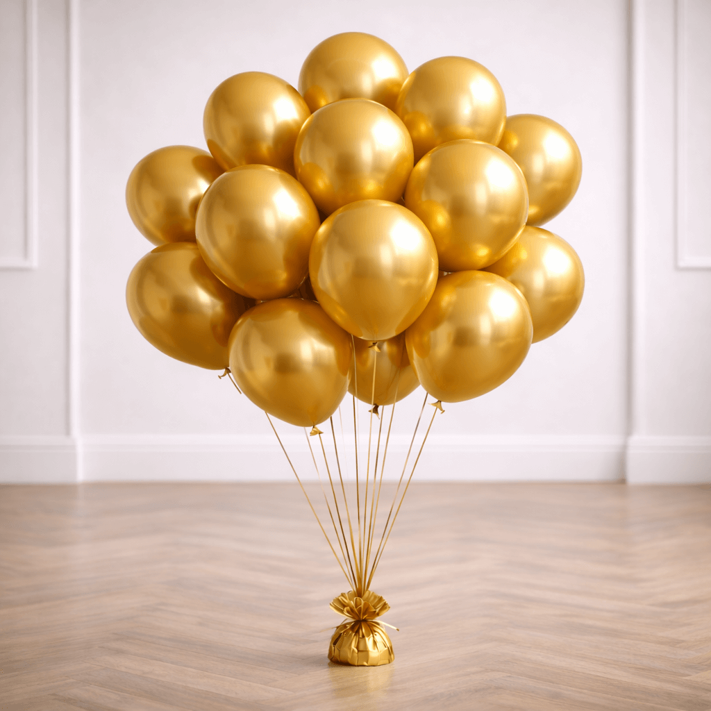 A bunch of glossy gold latex balloons tied to a balloon weight in an empty white room