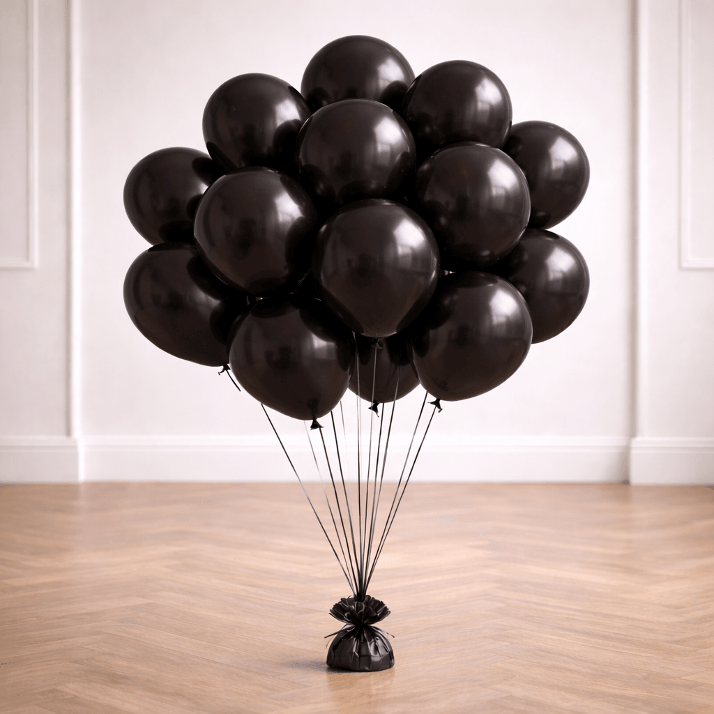 A bunch of matte black latex balloons tied to a black balloon weight