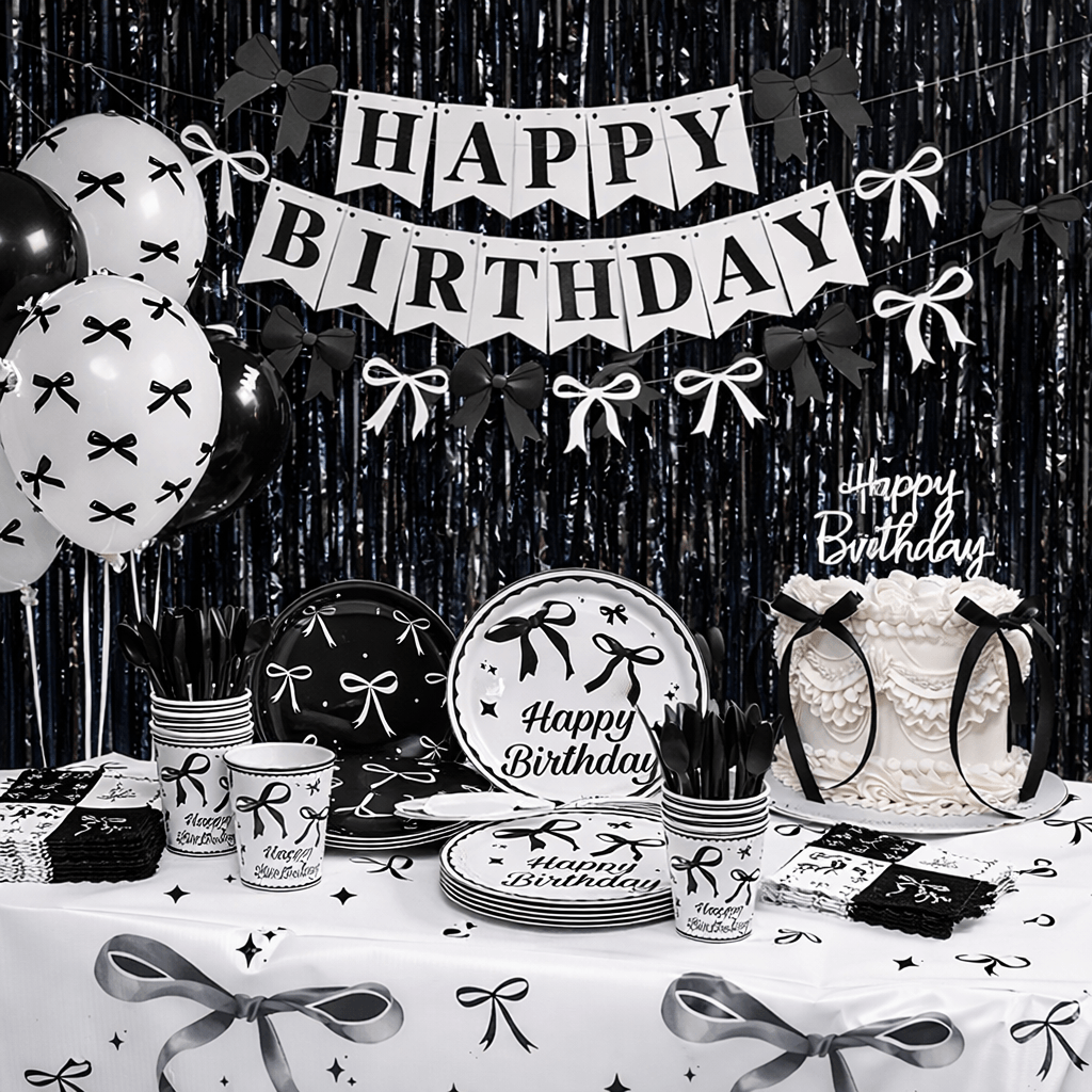 A black and white party table with bow-print plates and cups, a bow cake and a black Happy Birthday banner