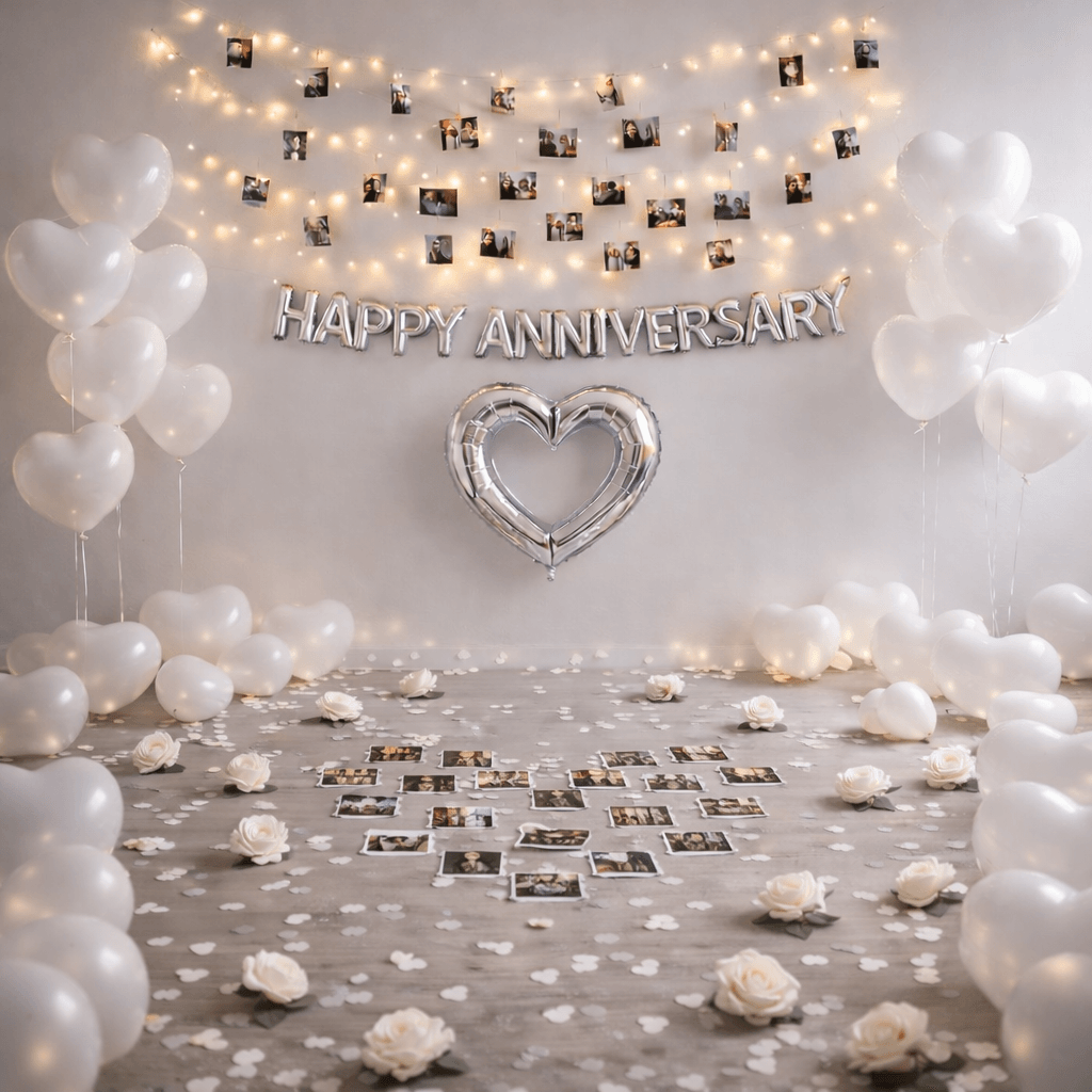 A white and silver anniversary setup with heart balloons, a silver open-heart balloon, warm string lights and photos clipped along the wall