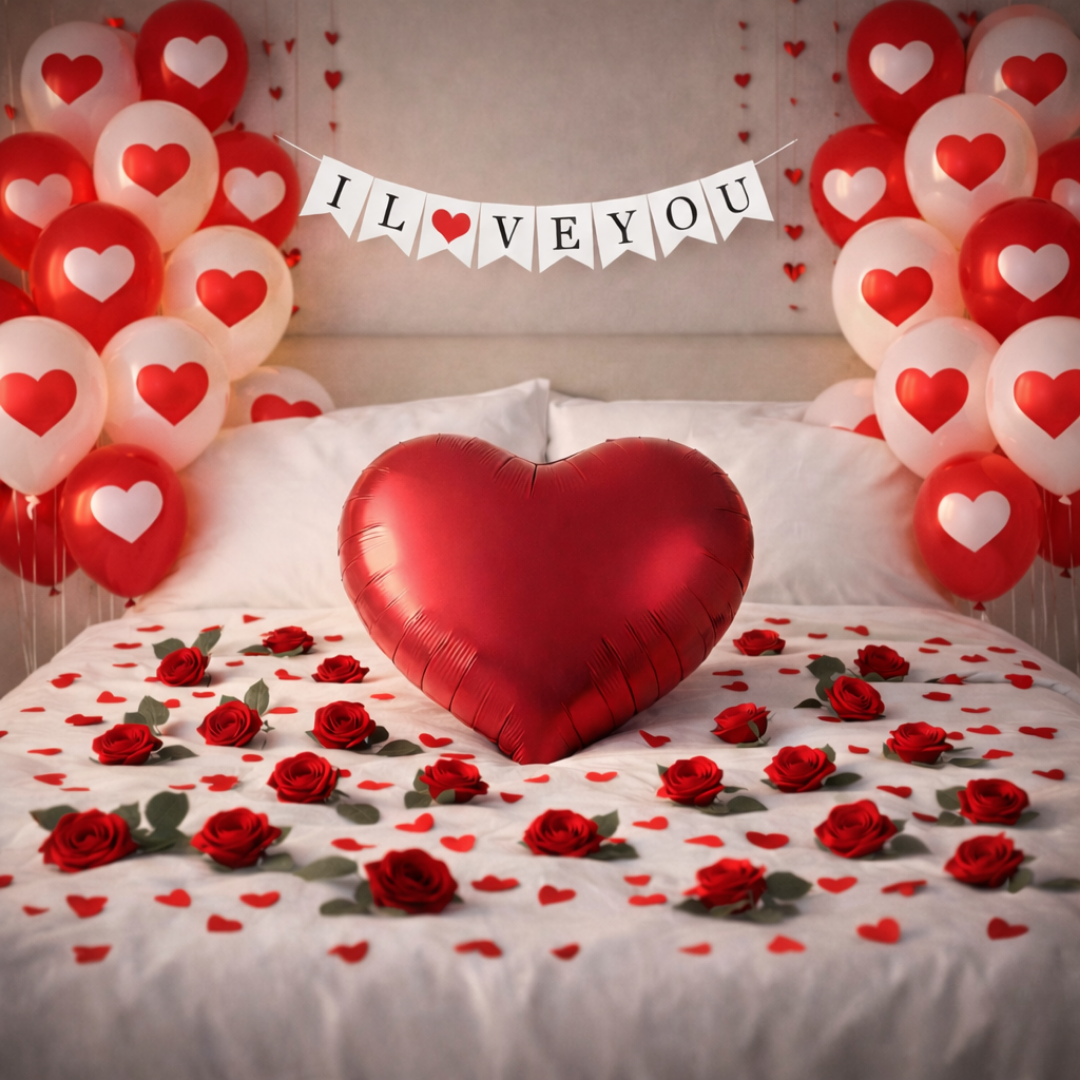 Decorative setup with heart-shaped balloons, roses, and 'I LOVE YOU' banner on a bed.