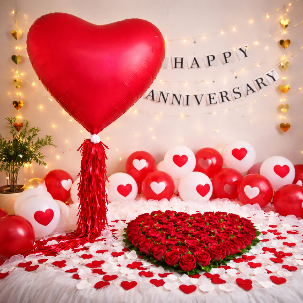 Heart-shaped balloon, flowers, and balloons with 'Happy Anniversary' text on a decorated wall.