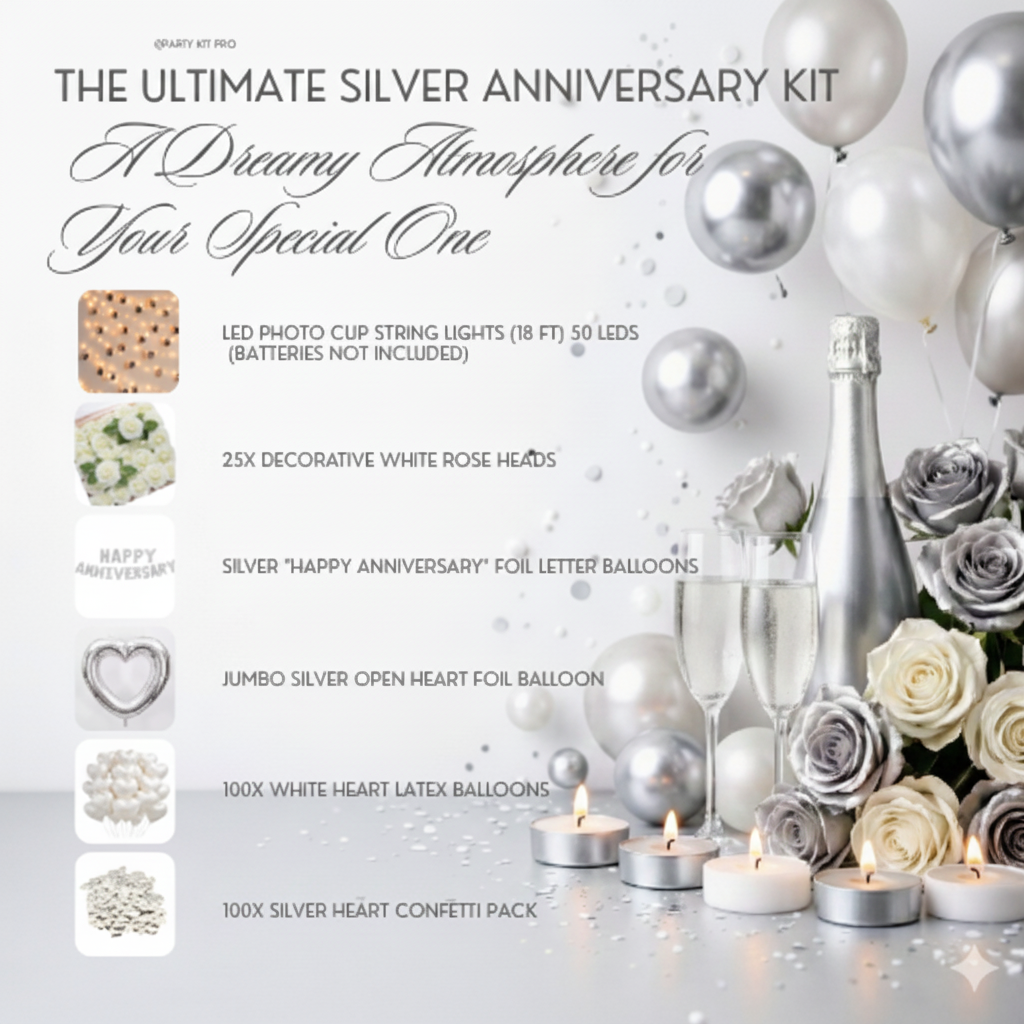Silver anniversary kit with balloons, roses, and other decor items on a white background