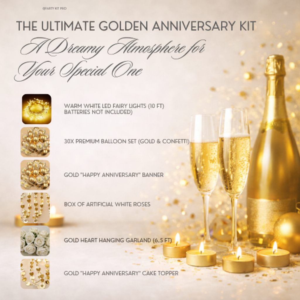Promotional image for a 'The Ultimate Golden Anniversary Kit' with champagne, glasses, and decorative items.