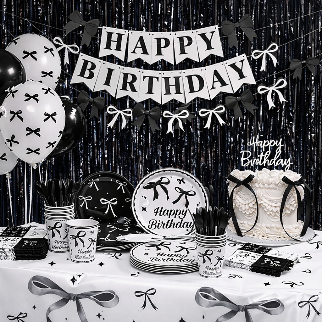 Black and white birthday party decorations featuring balloon garland with bows, tableware set, and happy birthday banner for coquette theme.