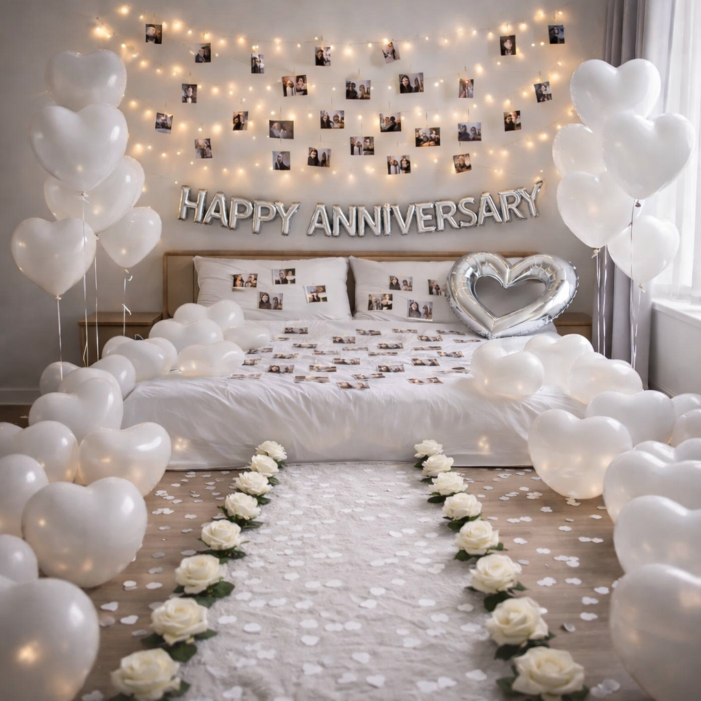 Decorated bedroom with balloons, flowers, and 'Happy Anniversary' sign.