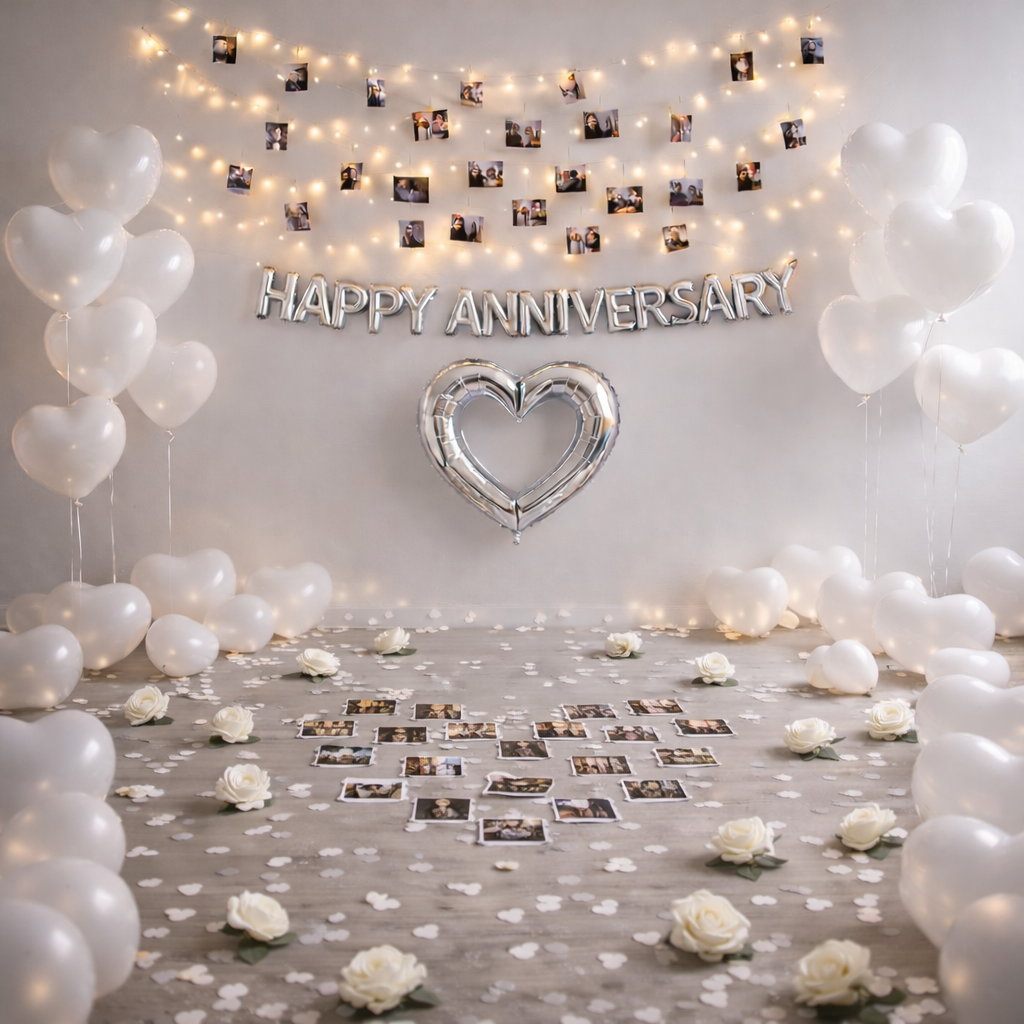 White & Silver Anniversary Balloon & Decor Set