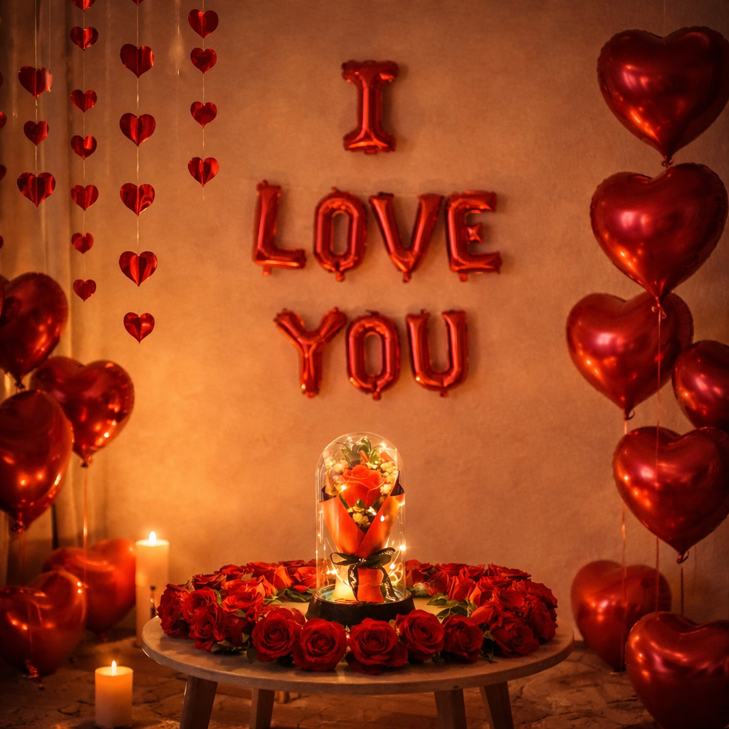 Decorative setup with 'I LOVE YOU' balloons, red roses, and heart-shaped balloons on a warm-toned background.