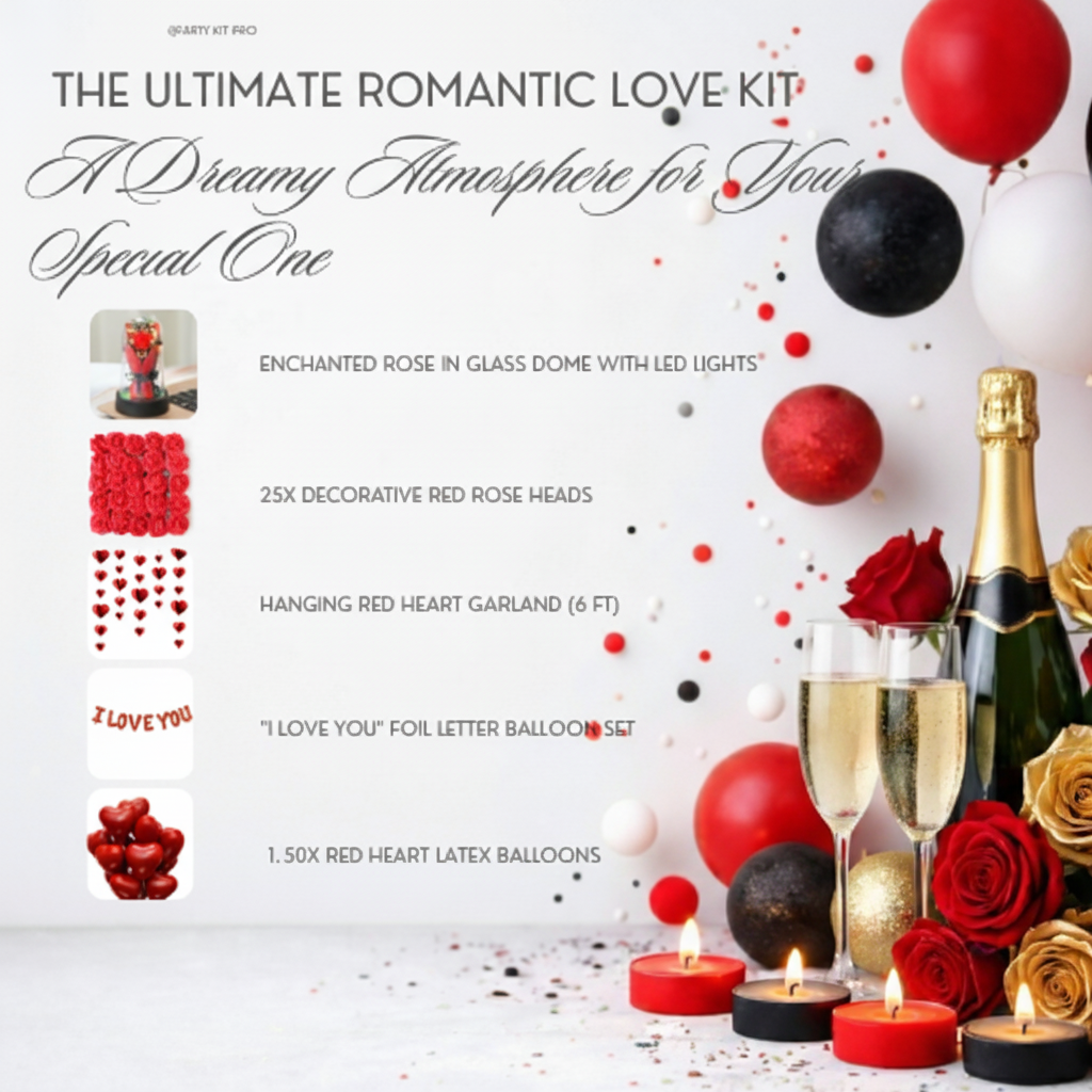 Promotional image of a romantic love kit with champagne, roses, and balloons.