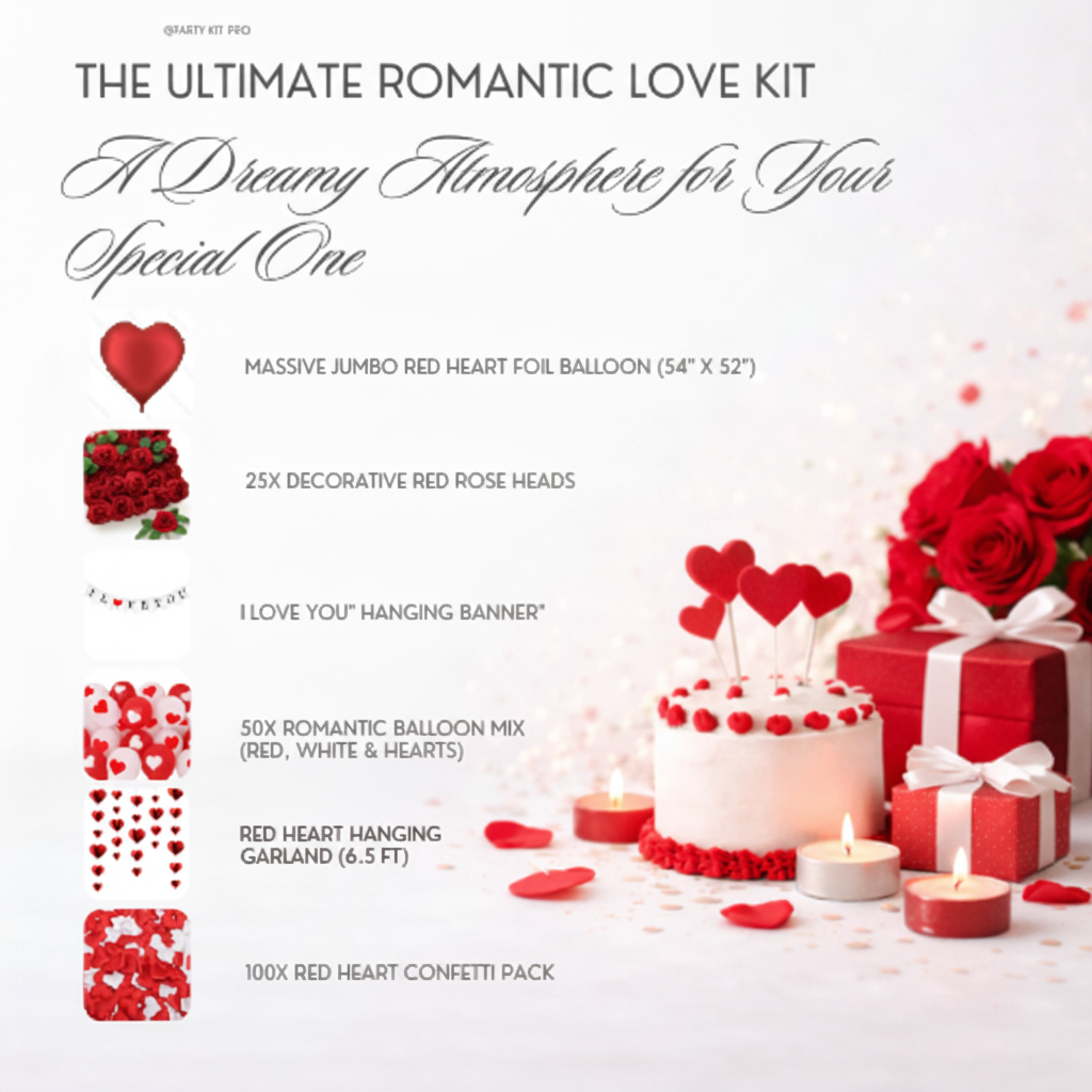 Promotional image of a romantic love kit with red roses, balloons, and candles on a white background.