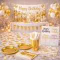 Gold Happy Birthday Party Kit – Elegant Birthday Decorations &amp; Tableware
