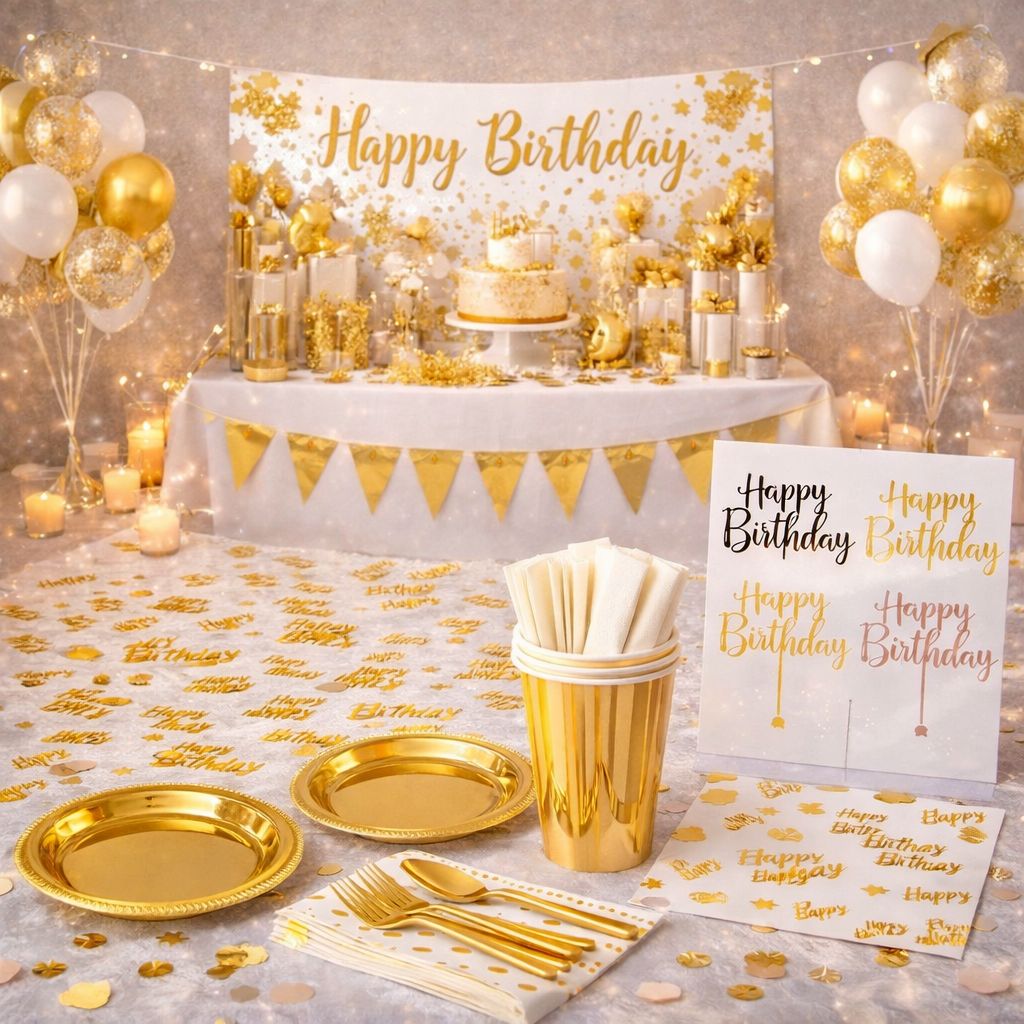 Gold Happy Birthday Party Kit – Elegant Birthday Decorations &amp; Tableware