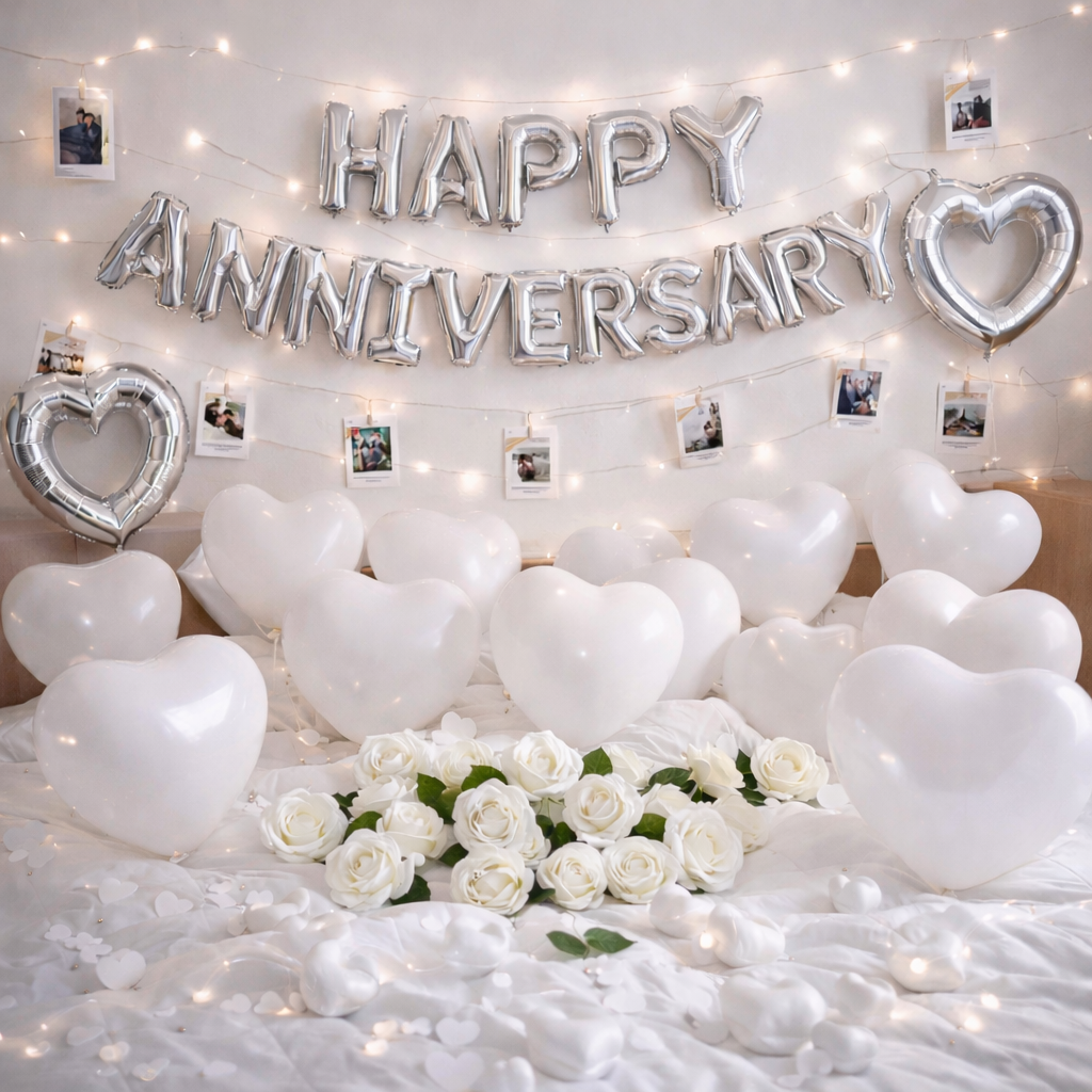 Decorative setup with 'Happy Anniversary' balloons, white balloons, and flowers on a light background.