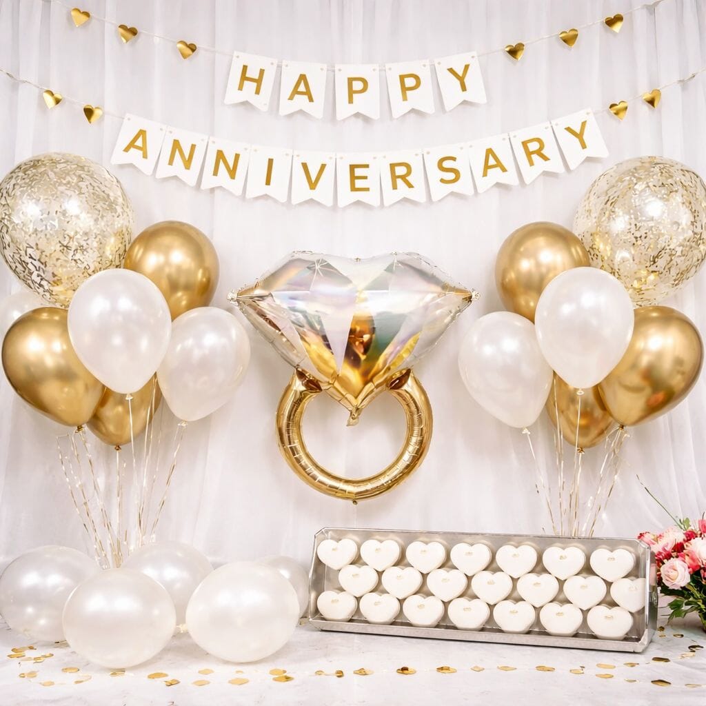 Elegant White & Gold Anniversary Decoration Set | Romantic Party Decor 